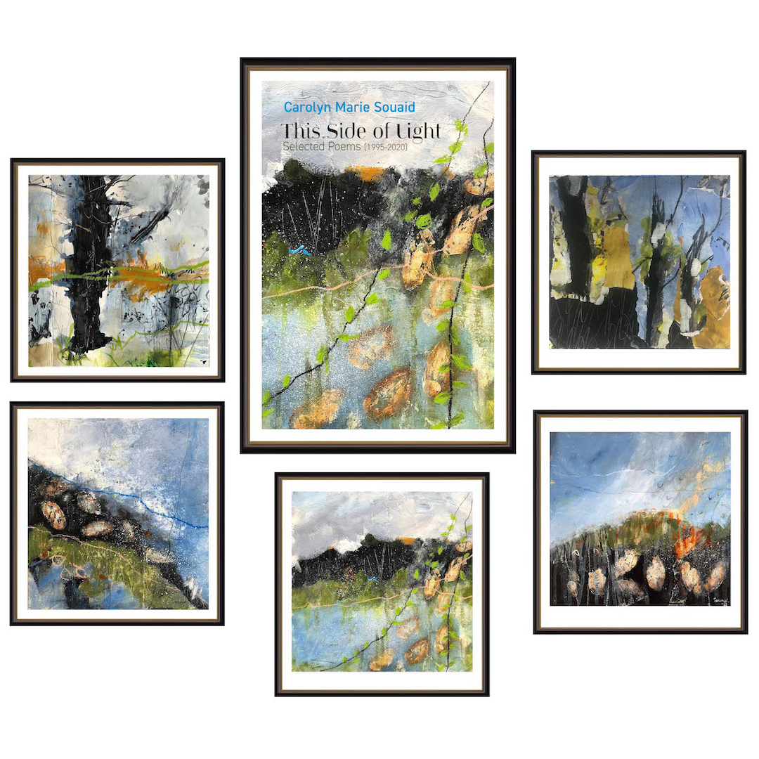 The cover of This Side of Light by Carolyn Marie Souaid among a collection of the poet's paintings, arranged on a gallery-style wall.