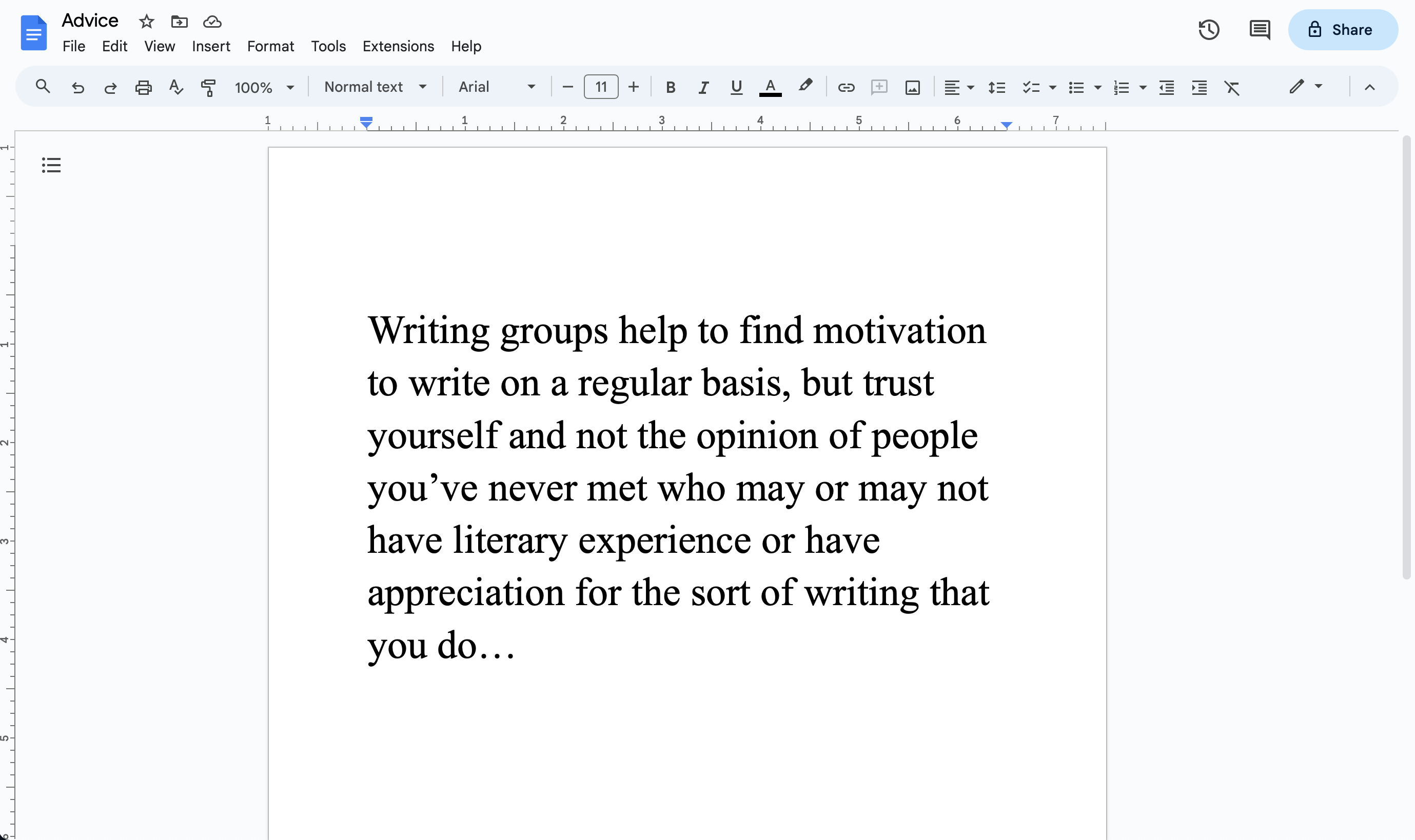 A screenshot of an open Word document that reads: "Writing groups help to find motivation to write on a regular basis, but trust yourself and not the opinion of people you've never met or who may not have literary experience or have appreciation for the sort of writing that you do..."