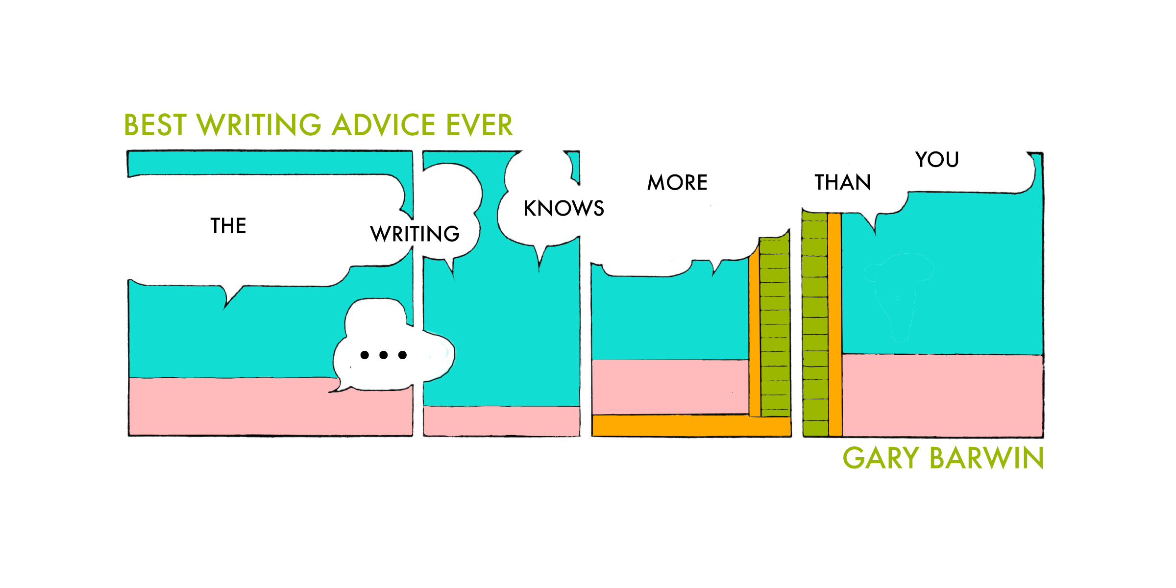 A comic strip style image titled "Best Writing Advice Ever". In speech bubbles that break through each cell of the comic, the words "The writing knows more than you" can be read.