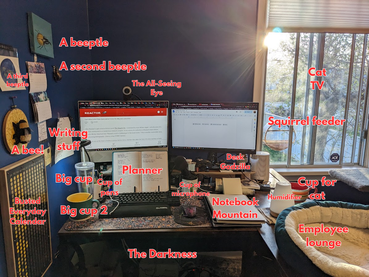 A labelled photo of Premee Mohamed's work area, including a window-mounted squirrel feeder, several drinking cups, and an "employee lounge" for a cat.