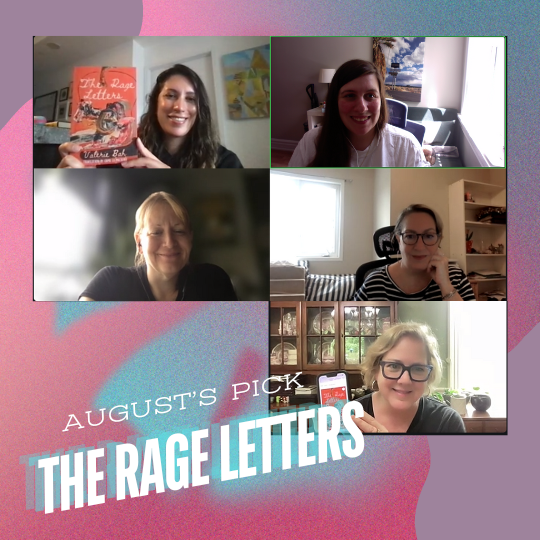 A photo of the Zoom room with the ALU staff in the different windows, some holding up copies of The Rage Letters.