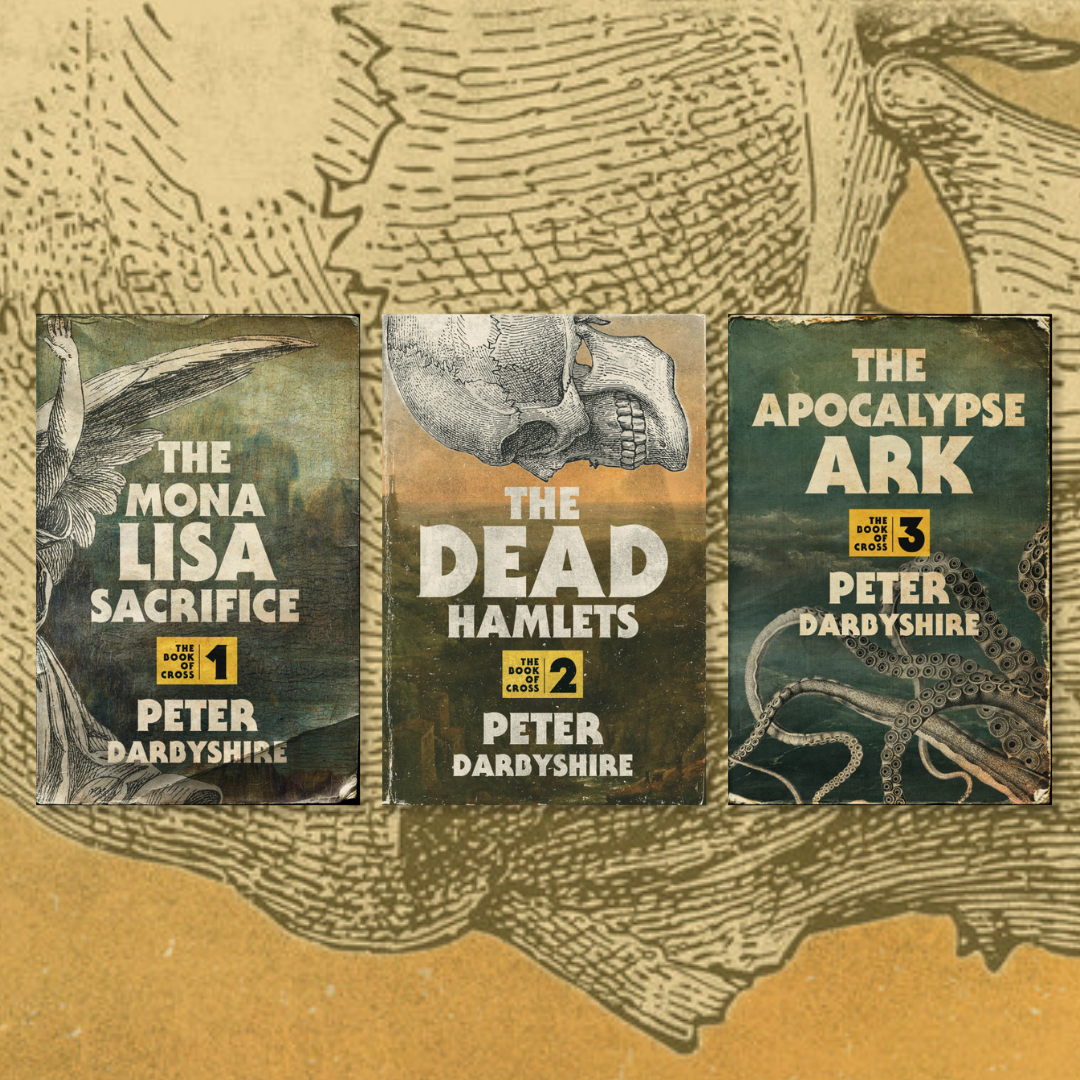 Three book covers: The Mona Lisa Sacrifice, The Dead Hamlets, The Apocalypse Ark.