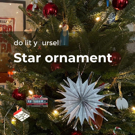 Do Lit Yourself: Star Ornament. A paper star made from magazine pages hangs on a Christmas tree.
