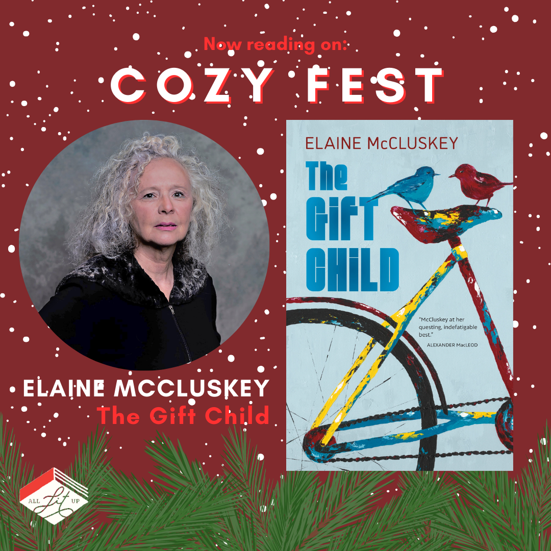 A graphic with the text: "Now Reading on Cozy Fest: Elaine McCluskey, The Gift Child" featuring the cover of the book and an inset photo of the author.