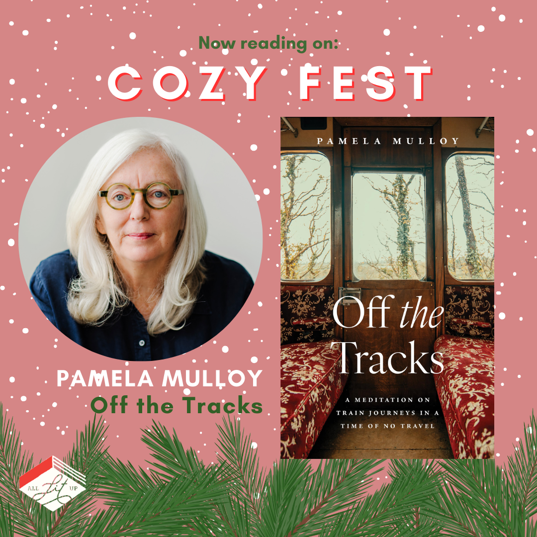 A graphic with the text: "Now Reading on Cozy Fest: Pamela Mulloy, Off the Tracks" featuring the cover of the book and an inset photo of the author.