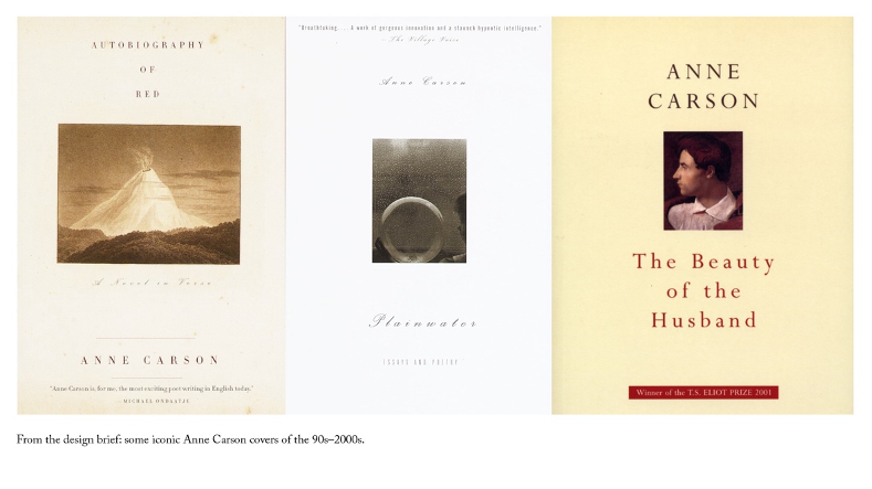 The covers of Anne Carson's Autobiography of Red, Plainwater, and The Beauty of the Husband. The caption reads: From the design brief: some iconic Anne Carson covers of the 90s-2000s.