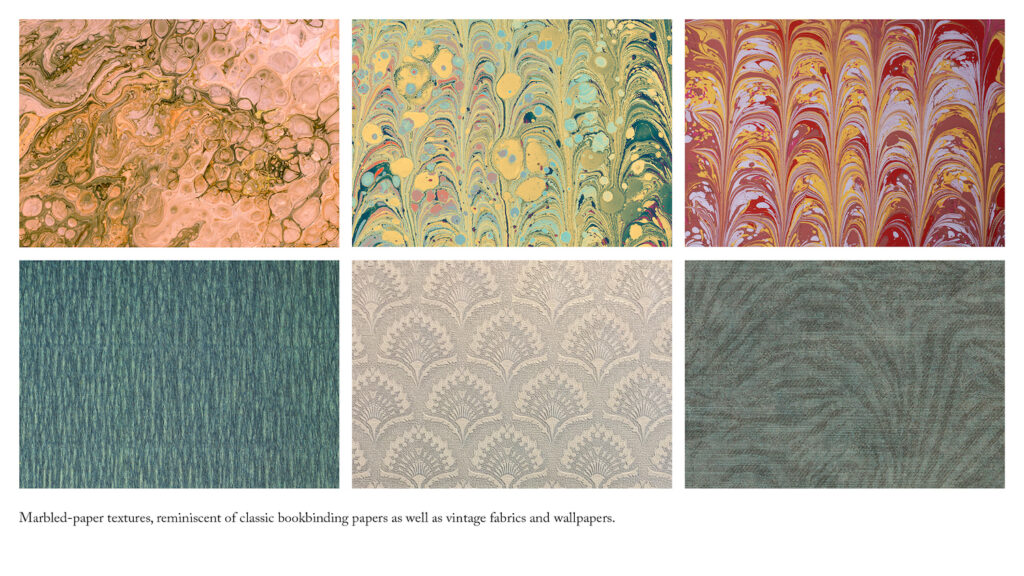 Six marbled paper textures, with the caption: "Marbled-paper textures, reminiscent of classic bookbinding papers as well as vintage fabrics and wallpapers.