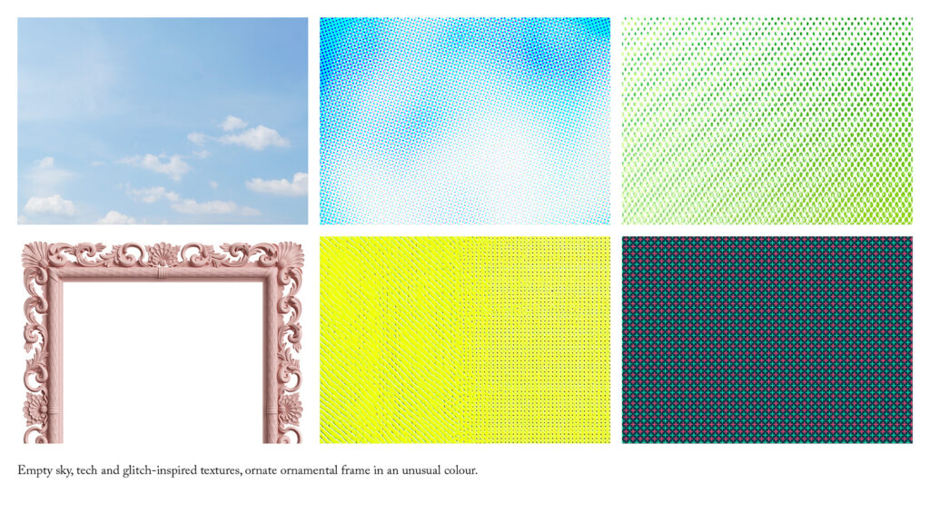 A series of six textures with the caption: "Empty sky, tech and glitch-inspired textures, ornate ornamental frame in an unusual colour."