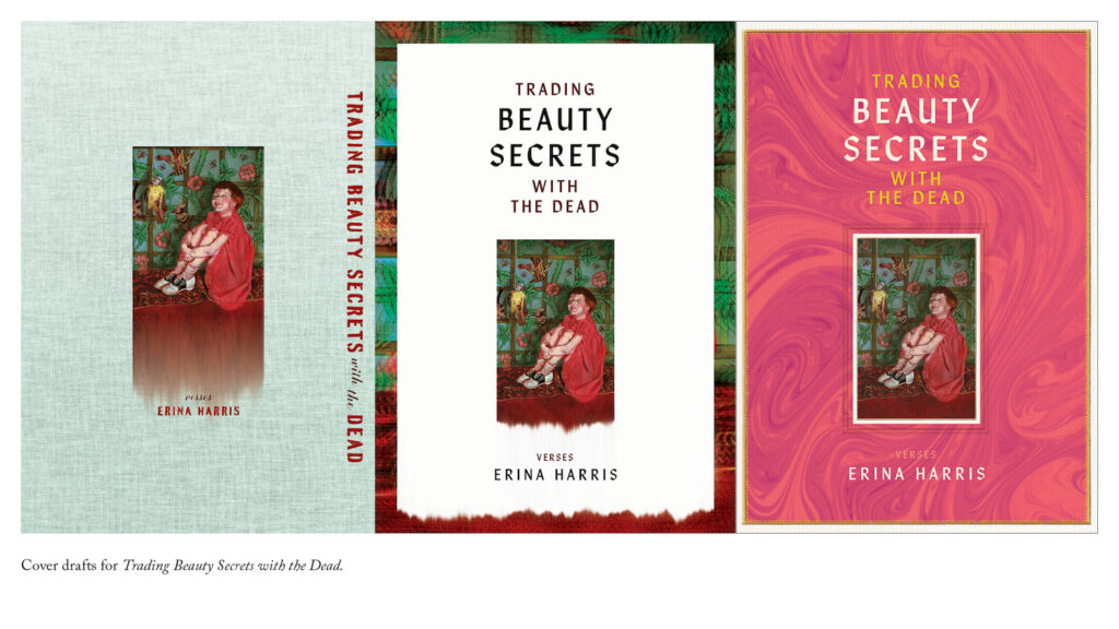 Three cover drafts for Trading Beauty Secrets with the Dead.