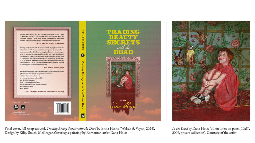The full, final cover of Trading Beauty Secrets with the Dead and an inset of Dana Holst's painting In the Dark, which shows a small girl sitting with her arms wrapped around her knees next to some exotic birds, smiling off into the distance. The inset reads: "In the Dark by Dana Holst (oil on linen on panel, 10x8", 2009, private collection). Courtesy of the artist.