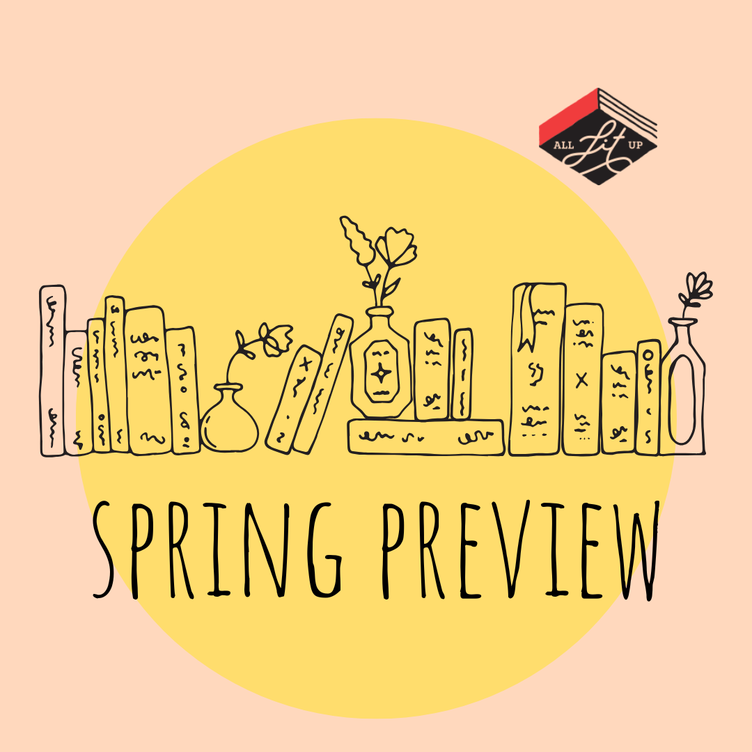 A graphic with illustrated books labelled "spring preview"