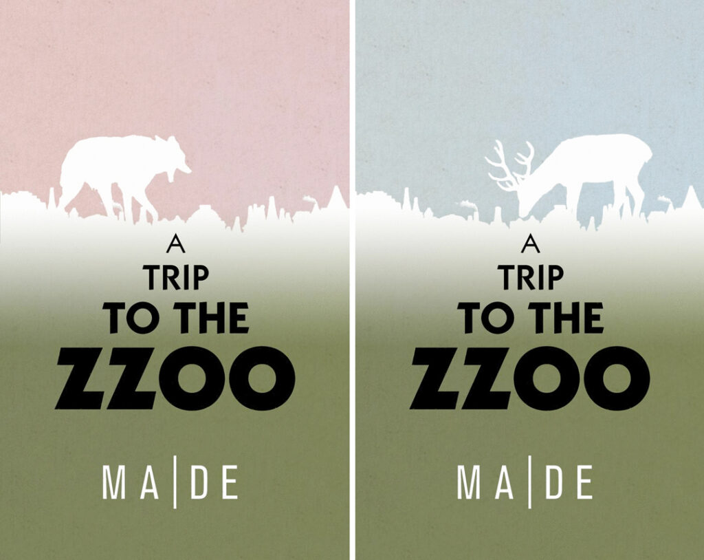 Two images of the original cover prototypes of ZZOO. They are illustrated images of a deer in one and a wolf in the other.