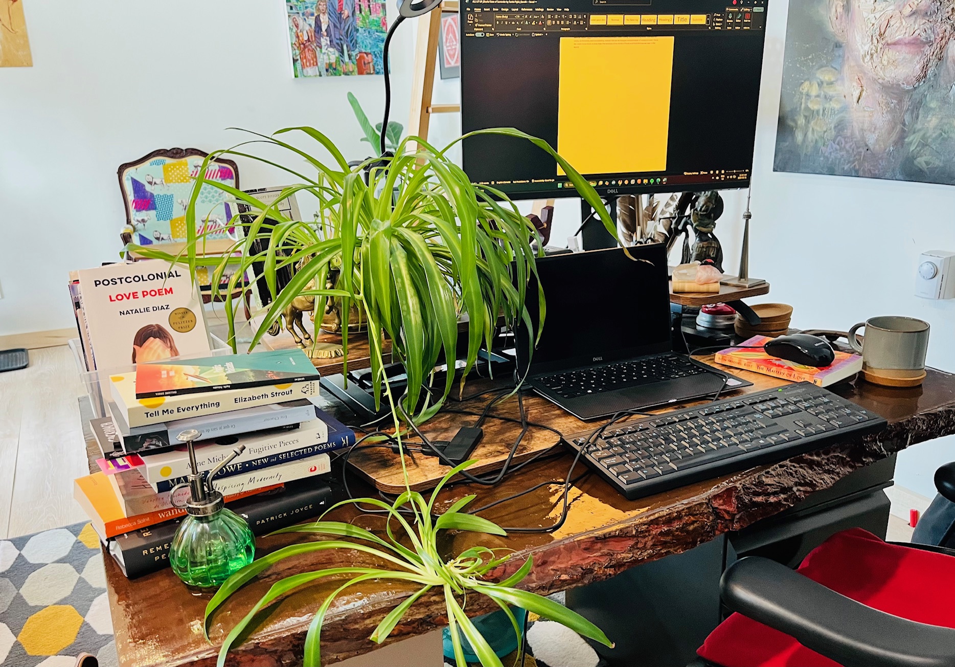 A desk made of a raw-edge piece of wood teems with novels and a massive spider plant. A document sits open on a second screen, and a mug waits in a coaster.