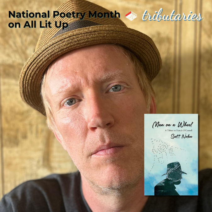 A photo of poet Scott Nolan. He is a light-skin toned man with blonde hair peeking out from under a straw fedora, wearing a dark grey tshirt. There is an inset photo of the cover of his poetry collection, Man on a Wheel.