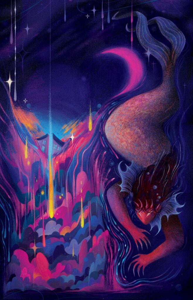 The cover illustration of The Siren in the Twelfth House. Swirling colours of blues, purples, fuchsias, and oranges drip among a swimming mermaid and twinkling stars. Two house-like objects are in the background. The whole effect is dreamy and mesmerizing.