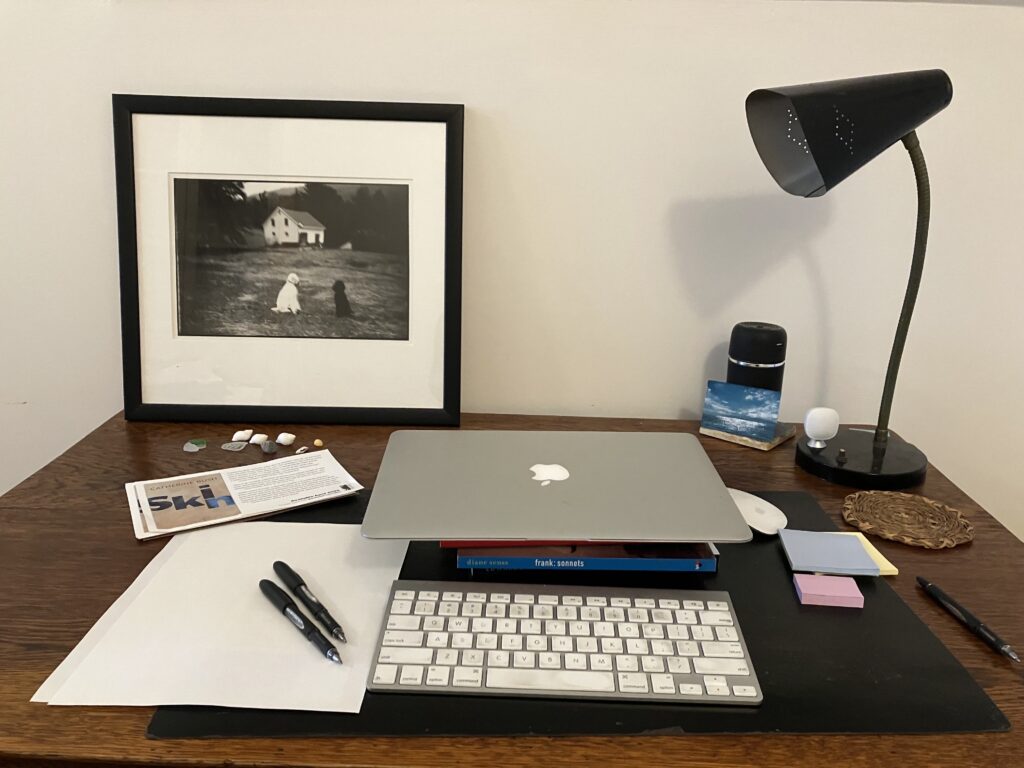 A photo of Catherine Bush's desk. On it is a closed Apple laptop perched on top of a short stack of books, a keyboard, some paper and pens, and a black lamp. There is a black-and-white photo by Dona Ann McAdams that leans against the back wall of two poodles in front of a farm house. 