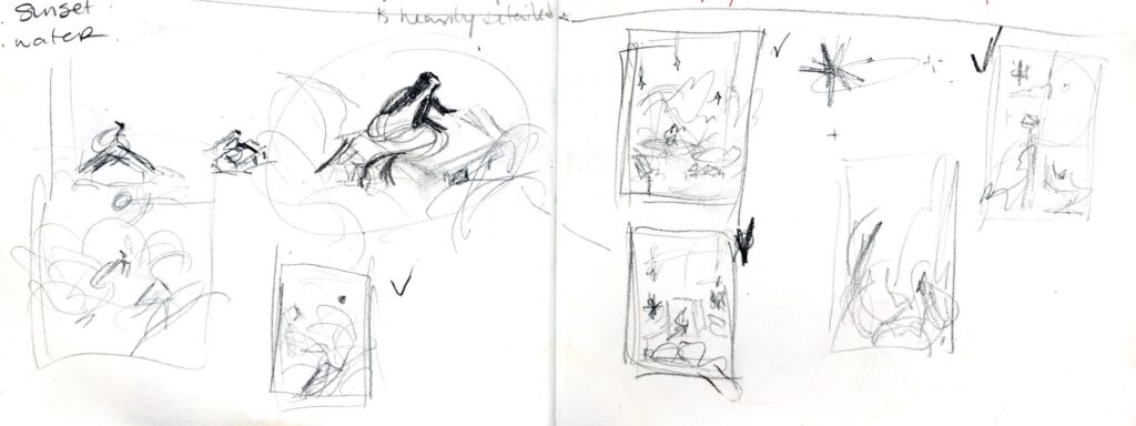 A series of sketches by Isabella, some with checkmarks next to them.