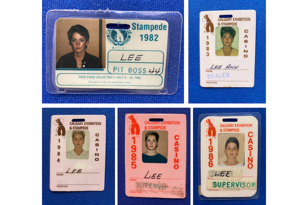 A collage image of Lee Kvern's ID cards from the Calgary Stampede casino over the years, from 1982 to 1986. 