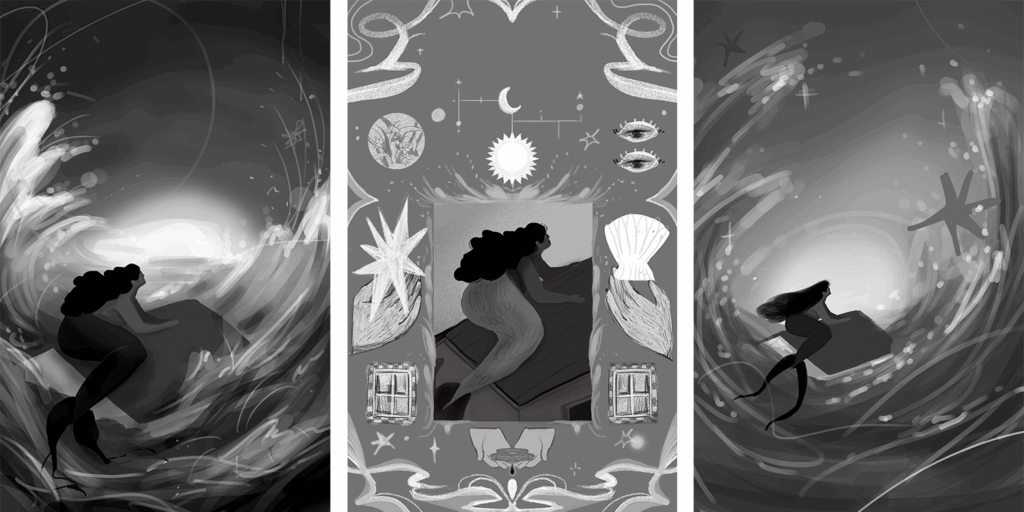 A series of digital cover sketches for The Siren in the Twelfth House, all featuring a mermaid leaning on a rooftop of a submerged house.