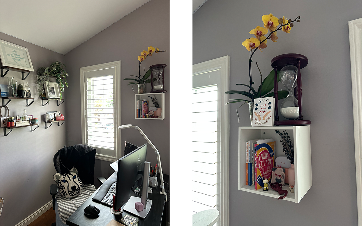 A collage photograph of Teri Vlassopoulos's workspace. The left photo shows her desk, containing a monitor, laptop, and keyboard. There is a tiger face-shaped pillow on her chair. The walls are painted a soothing grey and are adorned with shelves of mementos, photos, plants, and other tchotchkes.