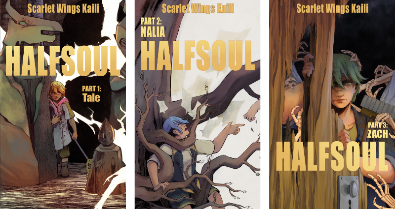The three covers of the Halfsoul Series: Tale, Nalia, and Zach.