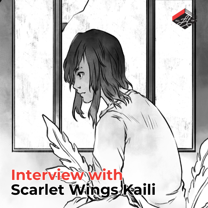 A self-illustrated portrait of Scarlet Wings Kaili. She is depicted as a woman with chin-length dark hair in a choppy cut, in profile in front of a window, holding a feather.