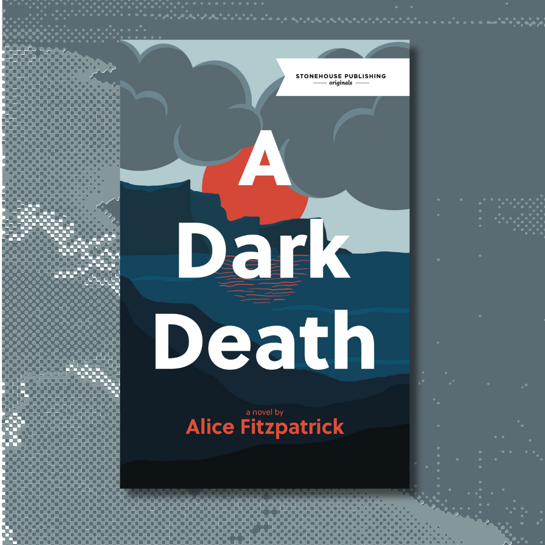 The cover of A Dark Death by Alice Fitzpatrick. An ocean cliffside is illustrated in grey-blues, with a bright red sun visible behind grey clouds reflected in the choppy water.