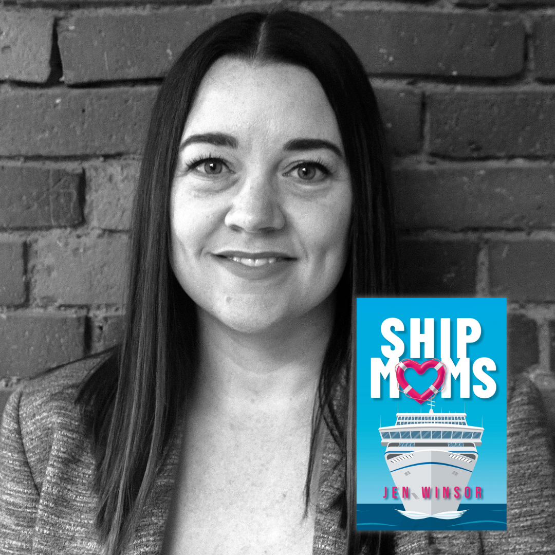 A black-and-white photo of Jen Winsor with an inset photo of Ship Moms. She is a light-skin-toned woman with long dark brown hair parted in the middle and brown eyes. She is standing against a brick wall and smiling into the camera.