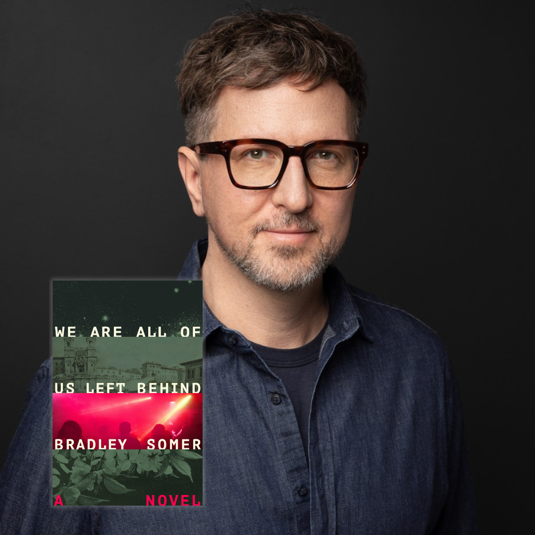 A photo of Bradley Somer with an inset photo of his book, We Are All of Us Left Behind. He is a light-skin-toned man with short brown hair and facial hair. He is wearing brown tortoiseshell glasses and a navy-blue collared shirt and smiling into the camera.
