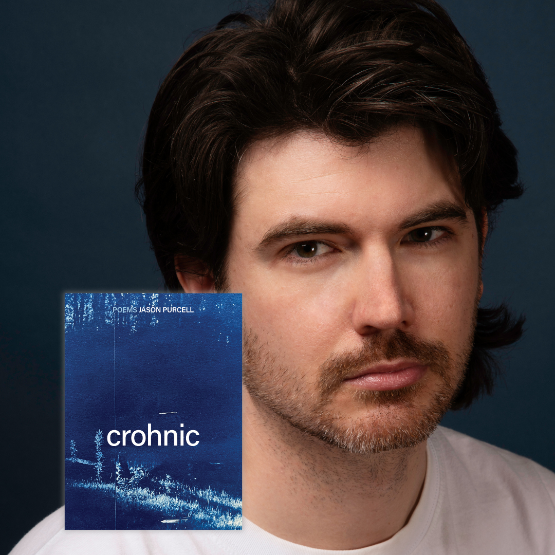 A photo of Jason Purcell with an inset photo of their book Crohnic. They are light-skin-toned person with dark brown hair parted to the side, brown eyes, and facial hair. They are wearing a white shirt and looking into the camera.