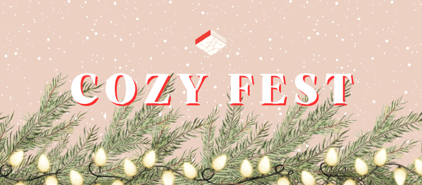 A banner reading "Cozy Fest." The light pink background is patterned with simple snowflakes, and green pine boughs with lights fringe the bottom. The ALU logo is placed at the top centre.
