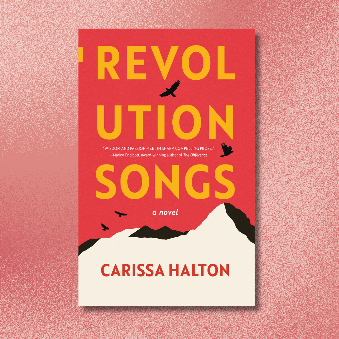 The cover of "Revolution Songs" feature a red sky with beige, single tone mountains in the foreground at the bottom of the cover. There are black birds flying up across the mountains form the bottom of the cover to the top. The text's title can be seen in the red space above the mountains in a bold yellow sans serif font.