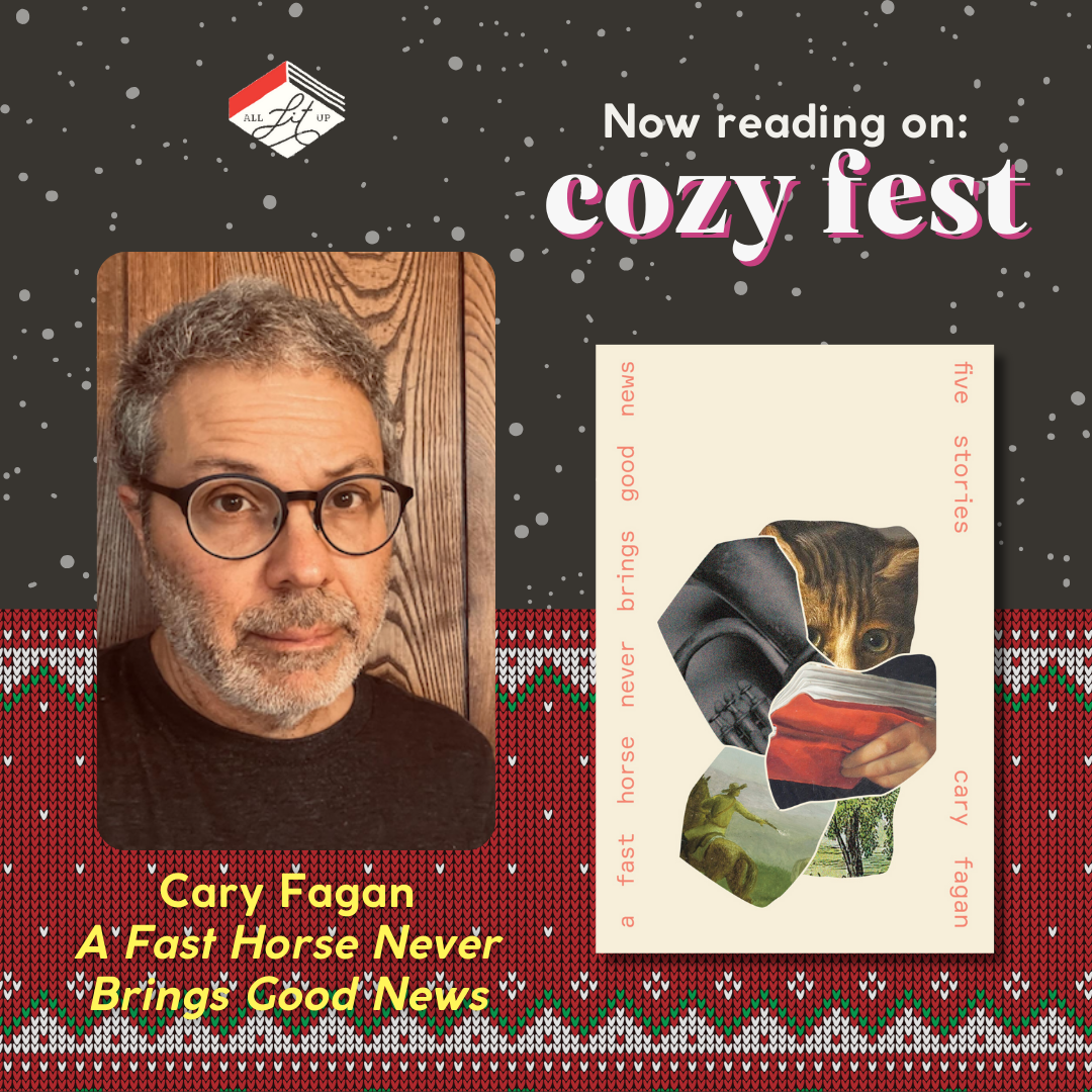 A graphic with the text: "Now Reading on Cozy Fest: Cary Fagan, A Fast Horse Never Brings Good News," featuring the cover of the book and an inset photo of the author.