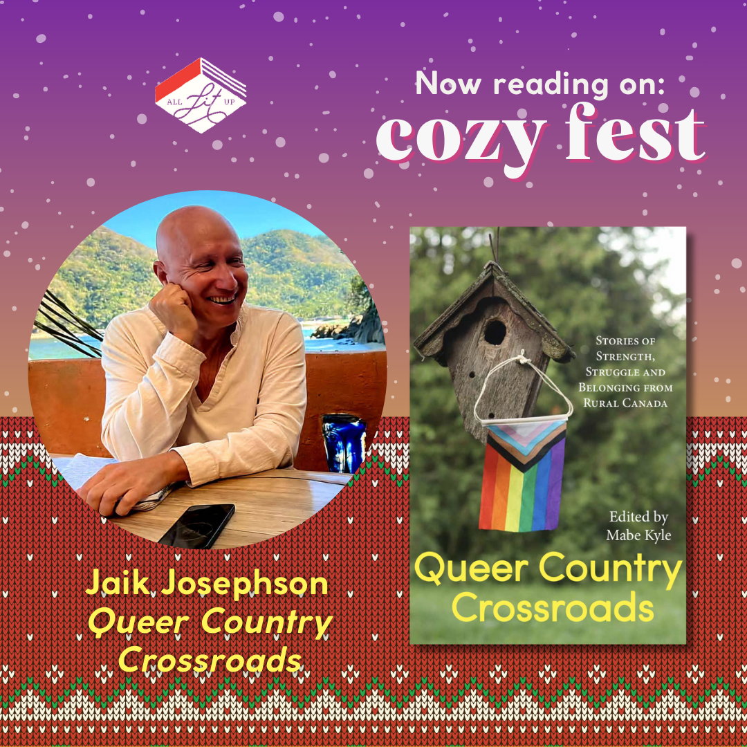 A graphic with the text: "Now Reading on Cozy Fest: Jaik Josephson, Queer Country Crossroads; featuring the cover of the book and an inset photo of the author.