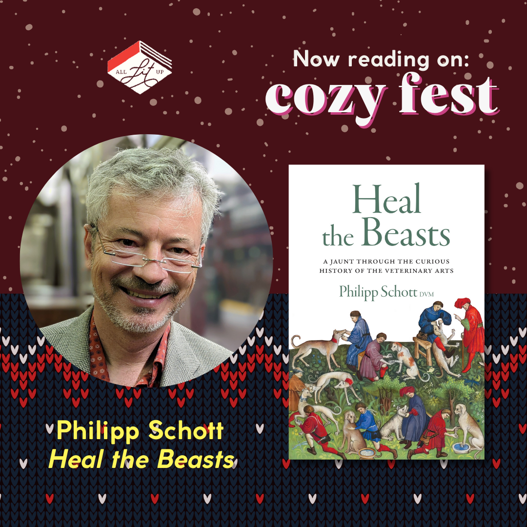 A graphic with the text: "Now Reading on Cozy Fest: Philipp Schott, Heal the Beasts," featuring the cover of the book and an inset photo of the author.