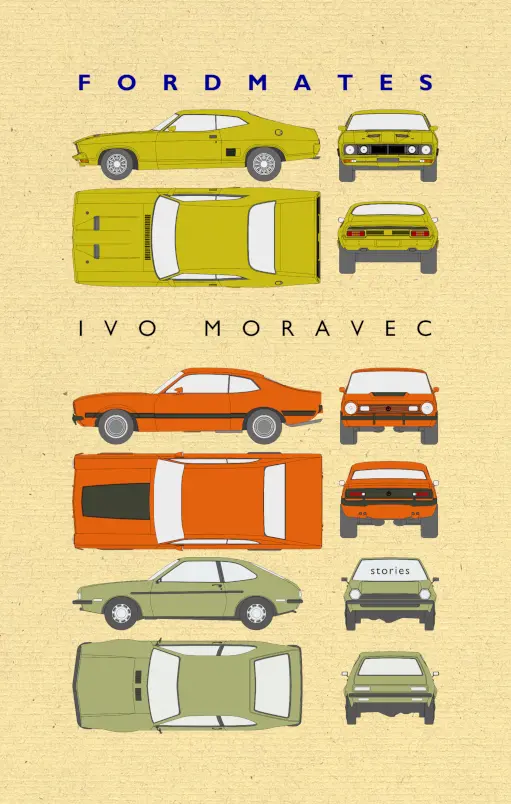 The cover of Fordmates by Ivo Moravec. The front, tops, and sides of various Ford cars are shown as illustrations.
