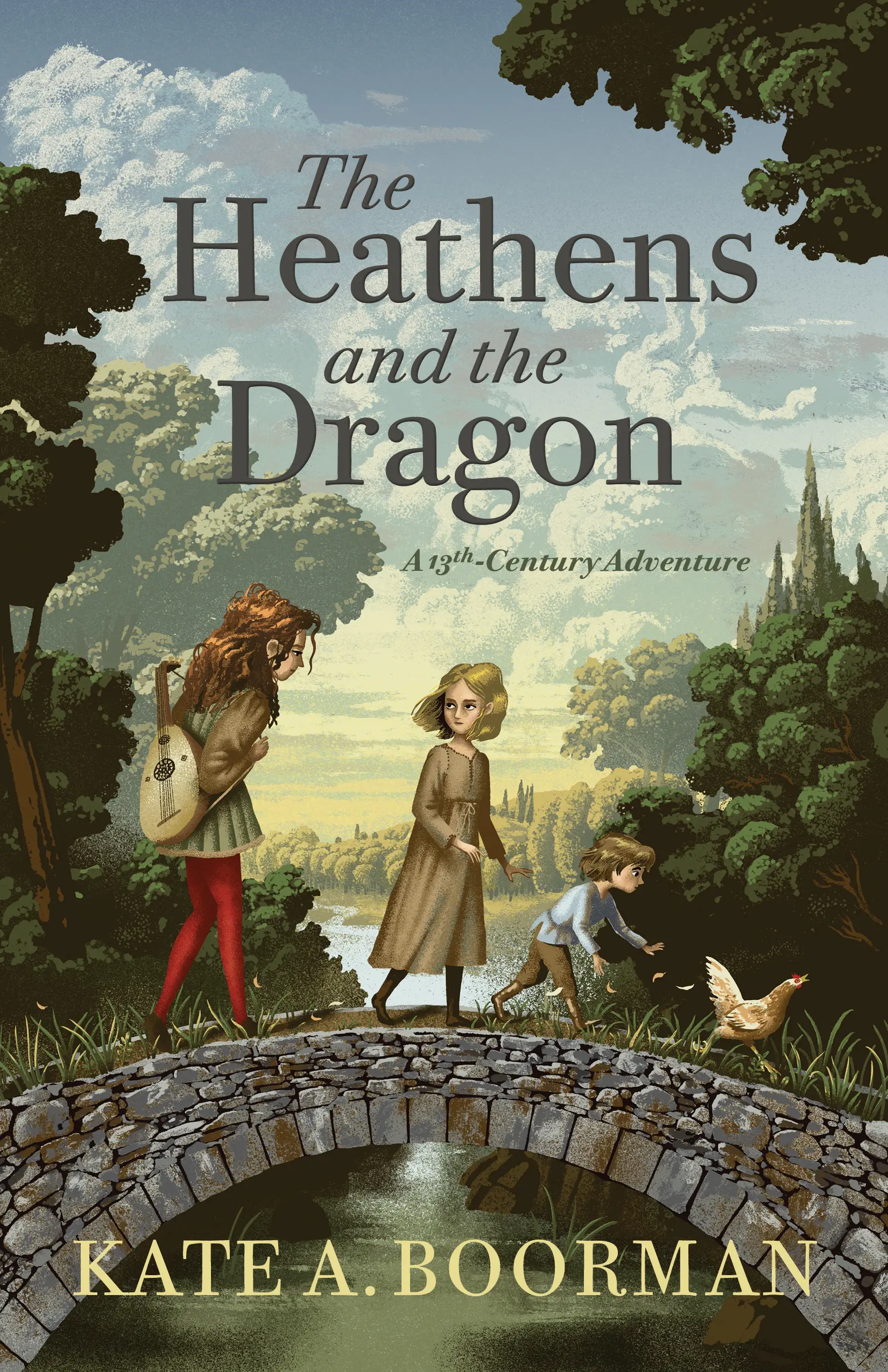 The cover of The Heathens and the Dragon by Kate Boorman. A medieval tapestry-style illustration of three children following a chicken across a bridge, with a castle in the background.